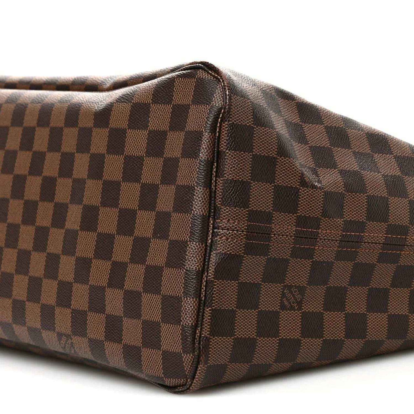 Damier Ebene canvas tote bag close-up of corner seam and rounded base