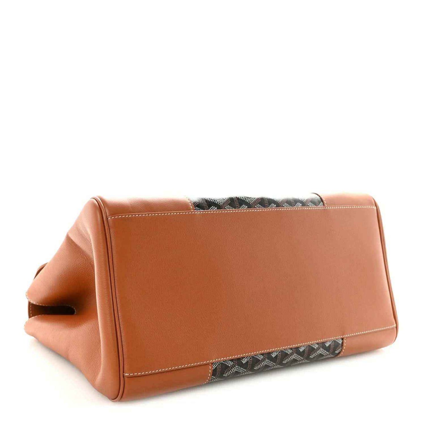 Goyard Saigon tote handbag side profile with tan leather body and monogram canvas trim