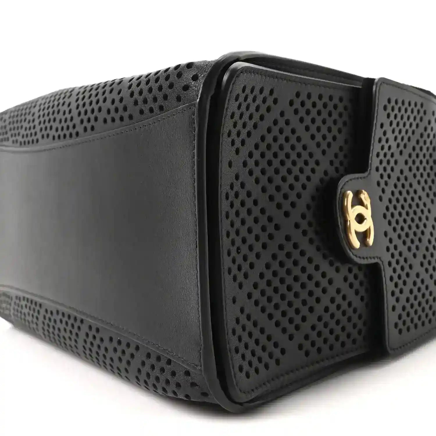 Small black perforated calfskin handbag with gold side logo hardware and chain strap