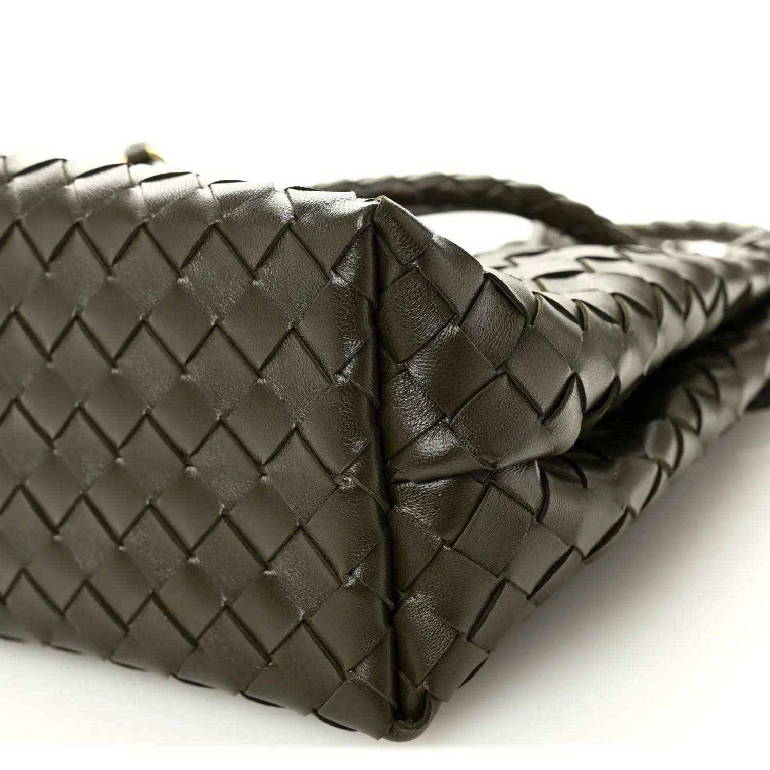 Bottega Veneta Andiamo intrecciato nappa leather shoulder bag corner detail with woven pattern