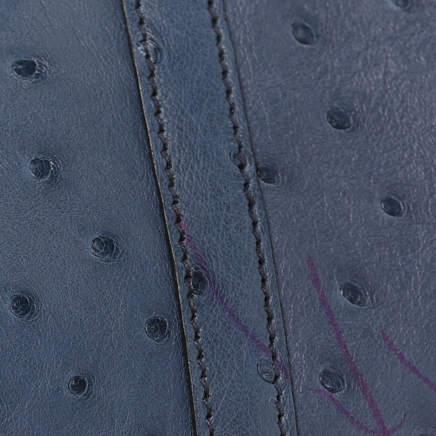 Blue ostrich leather side panel with visible stitching along the seam.