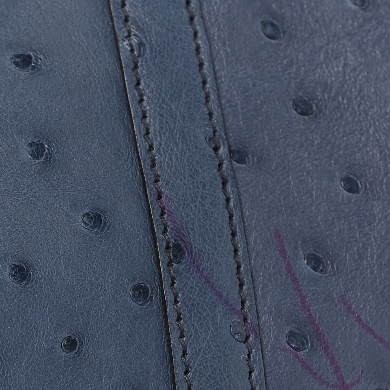 Blue ostrich leather side panel with visible stitching along the seam.