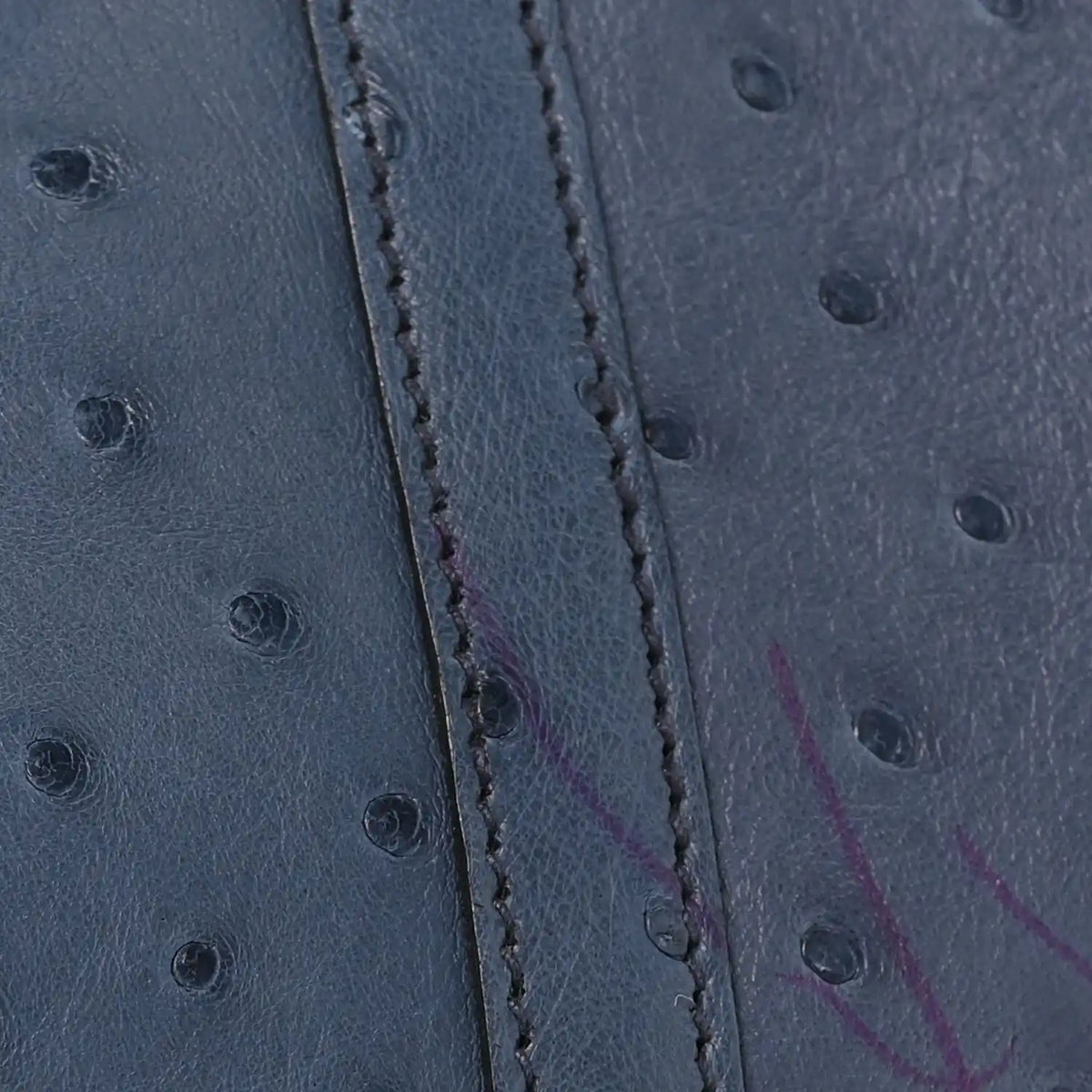 Blue ostrich leather side panel with visible stitching along the seam.