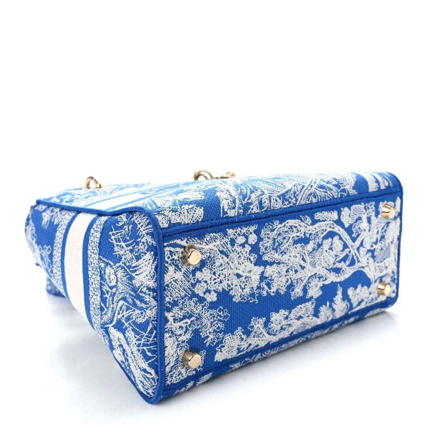 Christian Dior blue toile Lady D-Lite bag with top zip, white trim, and gold-tone hardware
