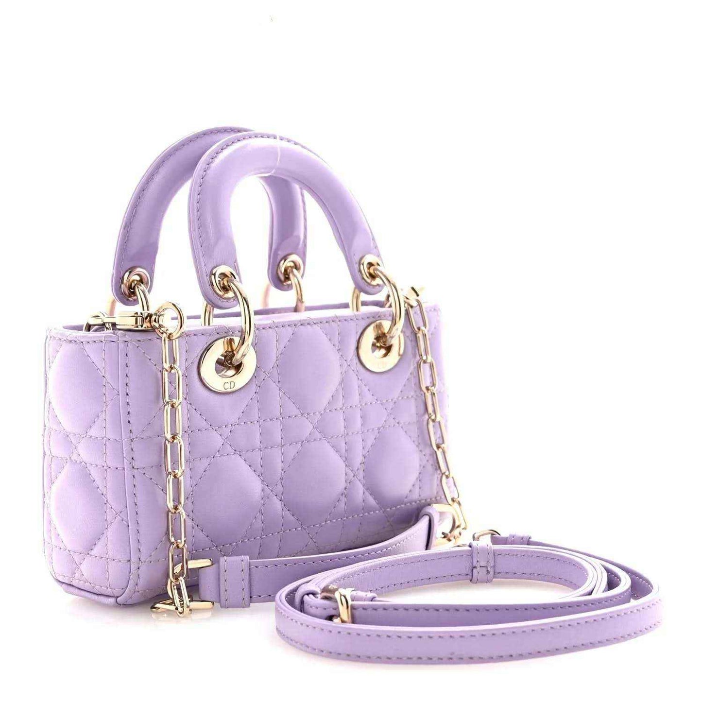 Lilac micro D-Joy bag with quilted cannage, gold links, and adjustable shoulder strap