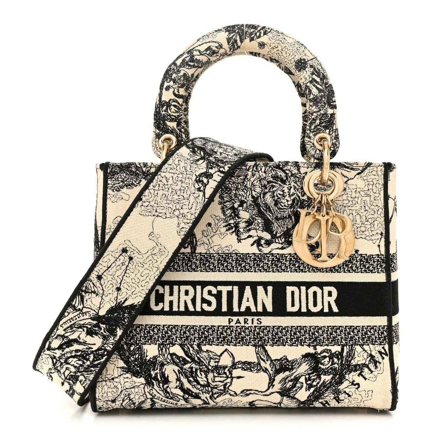 Medium tote handbag with zodiac toile print, top handles, and gold Dior charm.