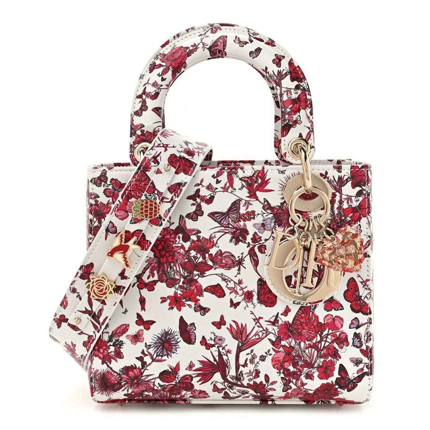 White and red floral Lady Dior handbag with top handles and gold-tone hardware