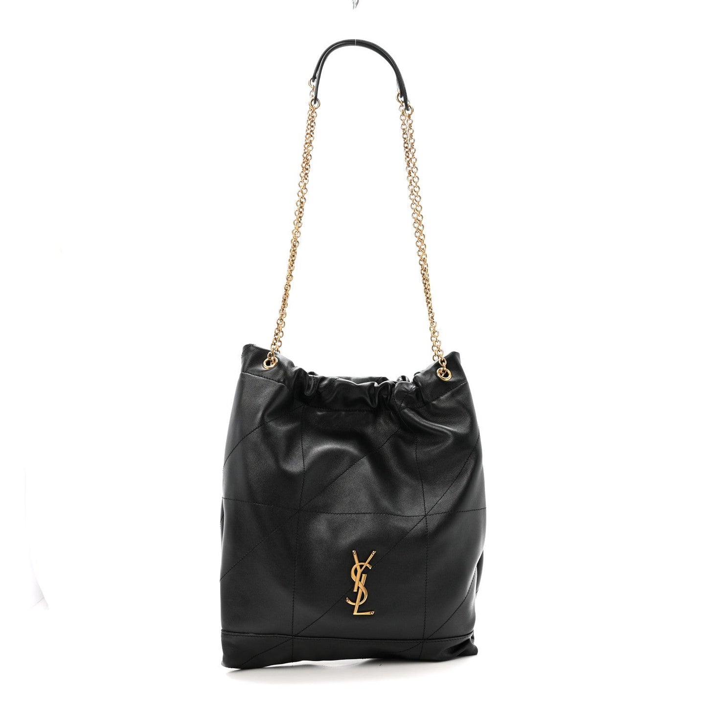 Black quilted leather drawstring bag with gold chain, gathered top, YSL logo