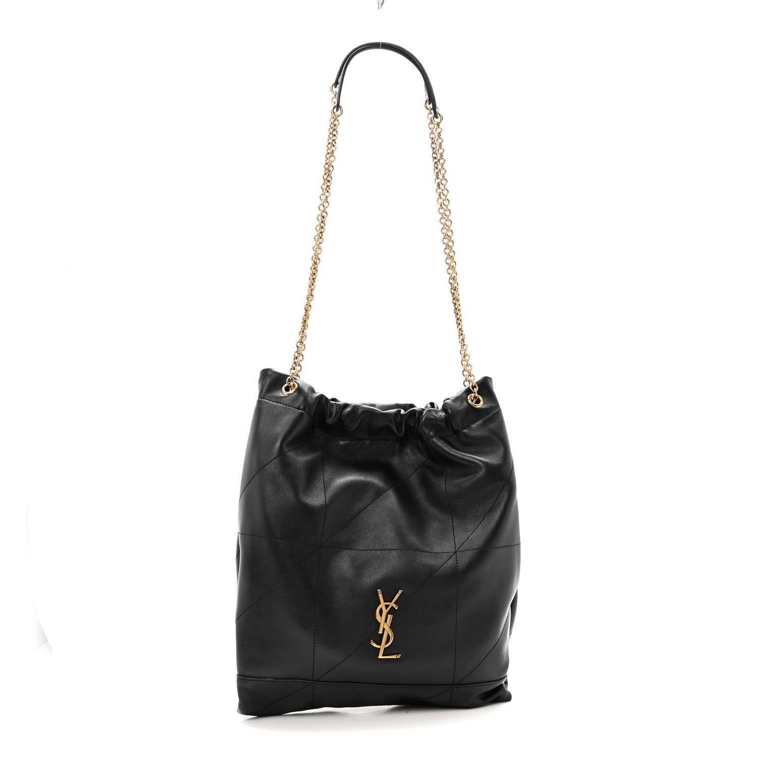 Black quilted leather drawstring bag with gold chain, gathered top, YSL logo