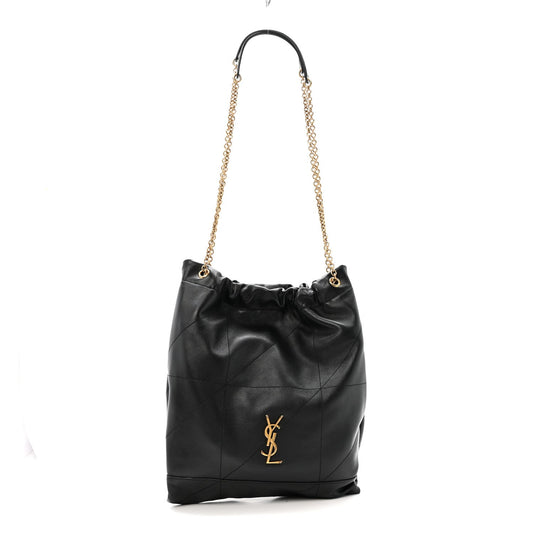 Black quilted leather drawstring bag with gold chain, gathered top, YSL logo