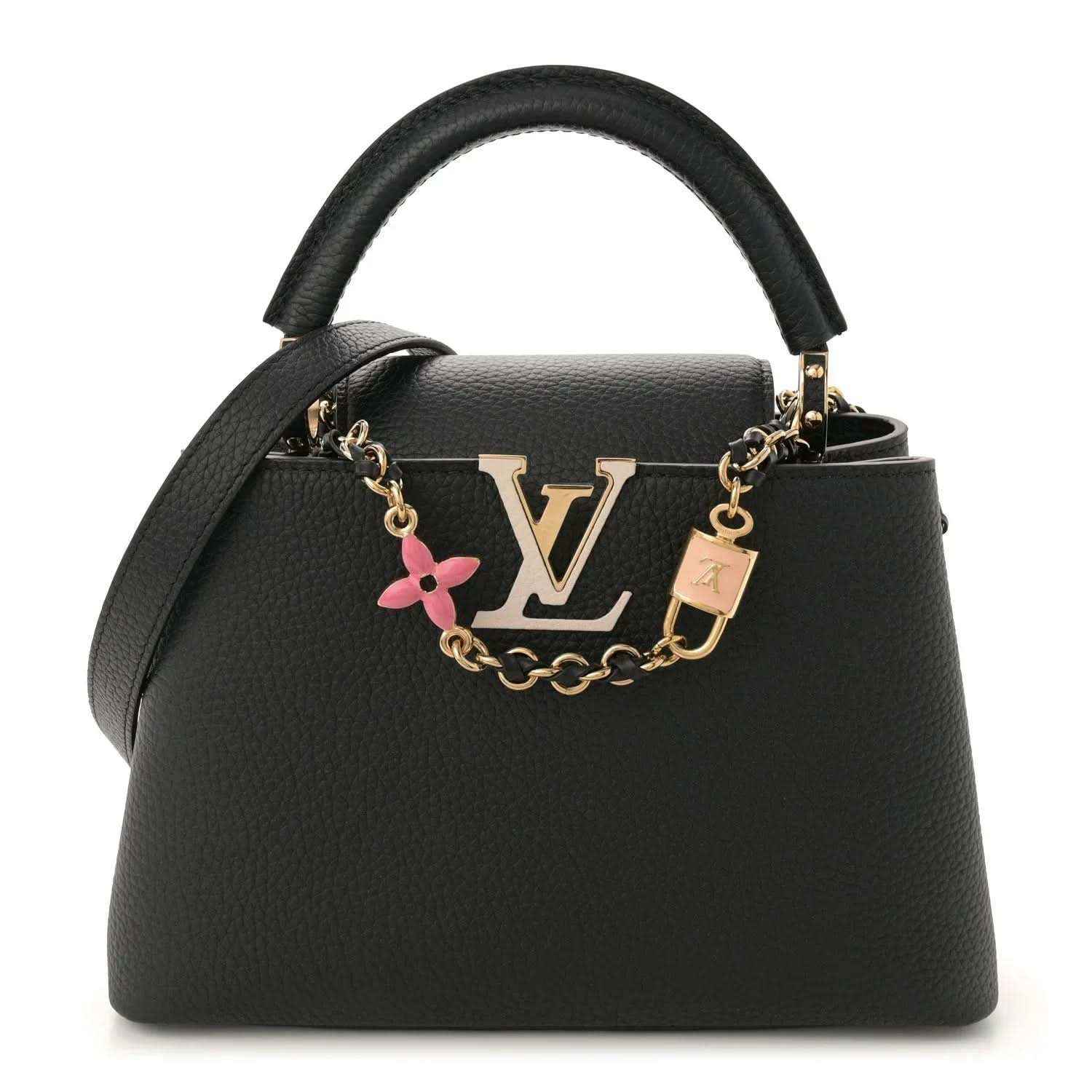 Black leather handbag with gold chain strap, top handle, and LV logo charm