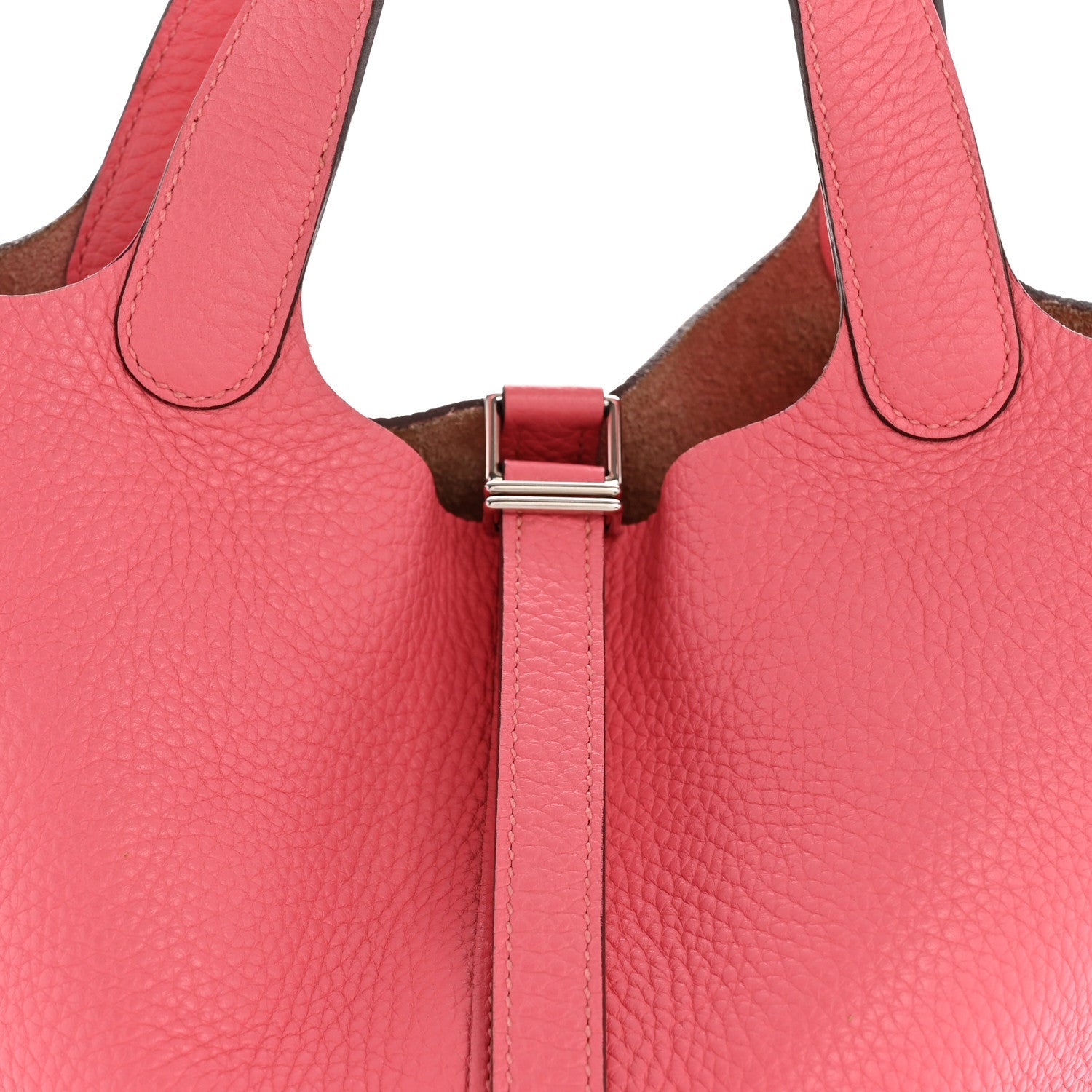 Pink leather tote handles with metal lock clasp and brown interior