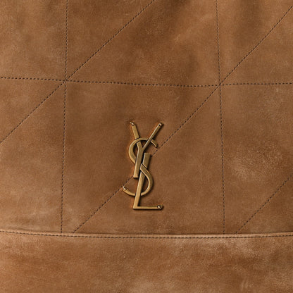 YSL metal logo on quilted suede front panel of medium tote bag