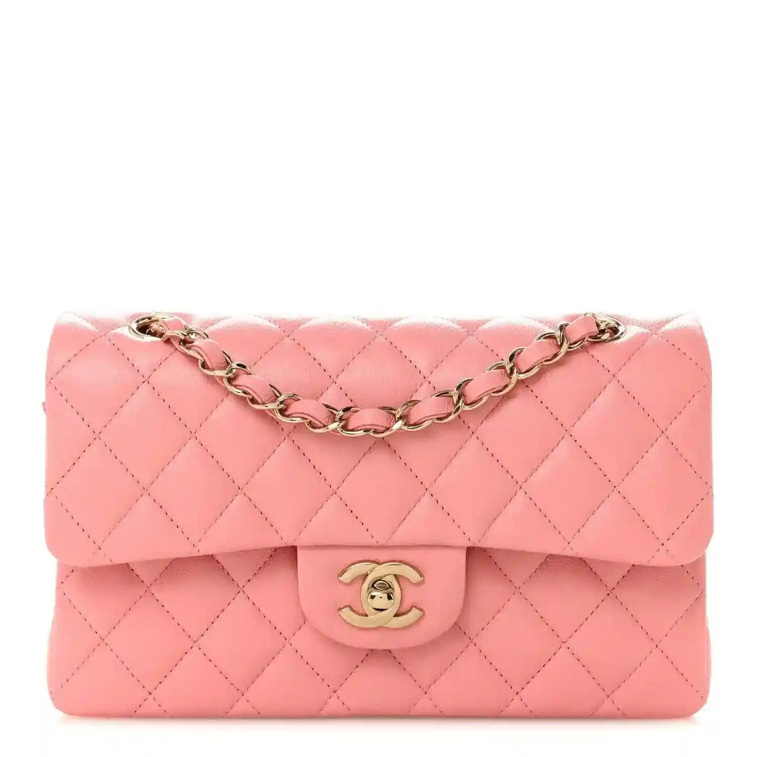 Light pink quilted small double flap bag with gold chain strap and CC logo