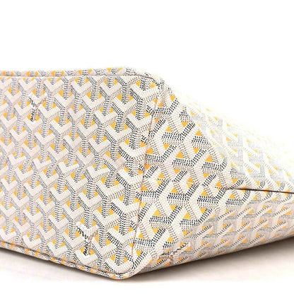 White tote bag with Goyardine-style yellow chevron pattern, fabric surface