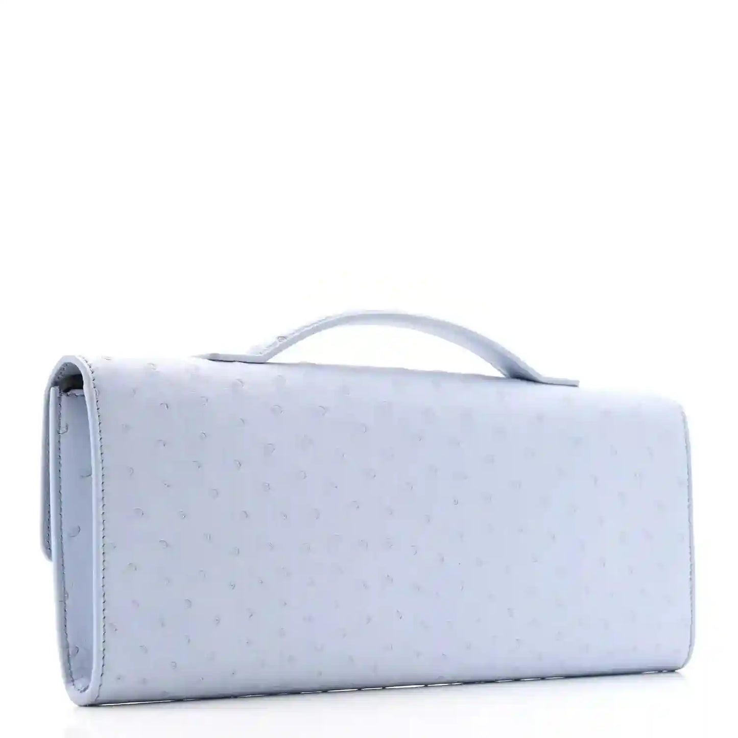 Light blue ostrich leather long Andiamo clutch bag, side view with top handle