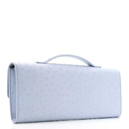 Light blue ostrich leather long Andiamo clutch bag, side view with top handle