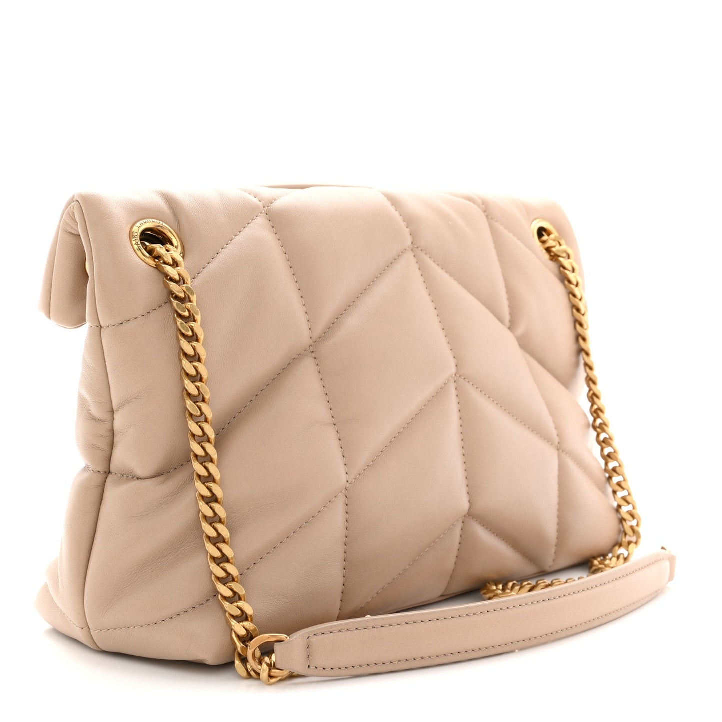 Saint Laurent quilted Loulou puffer satchel with gold chain strap and flap, dark beige