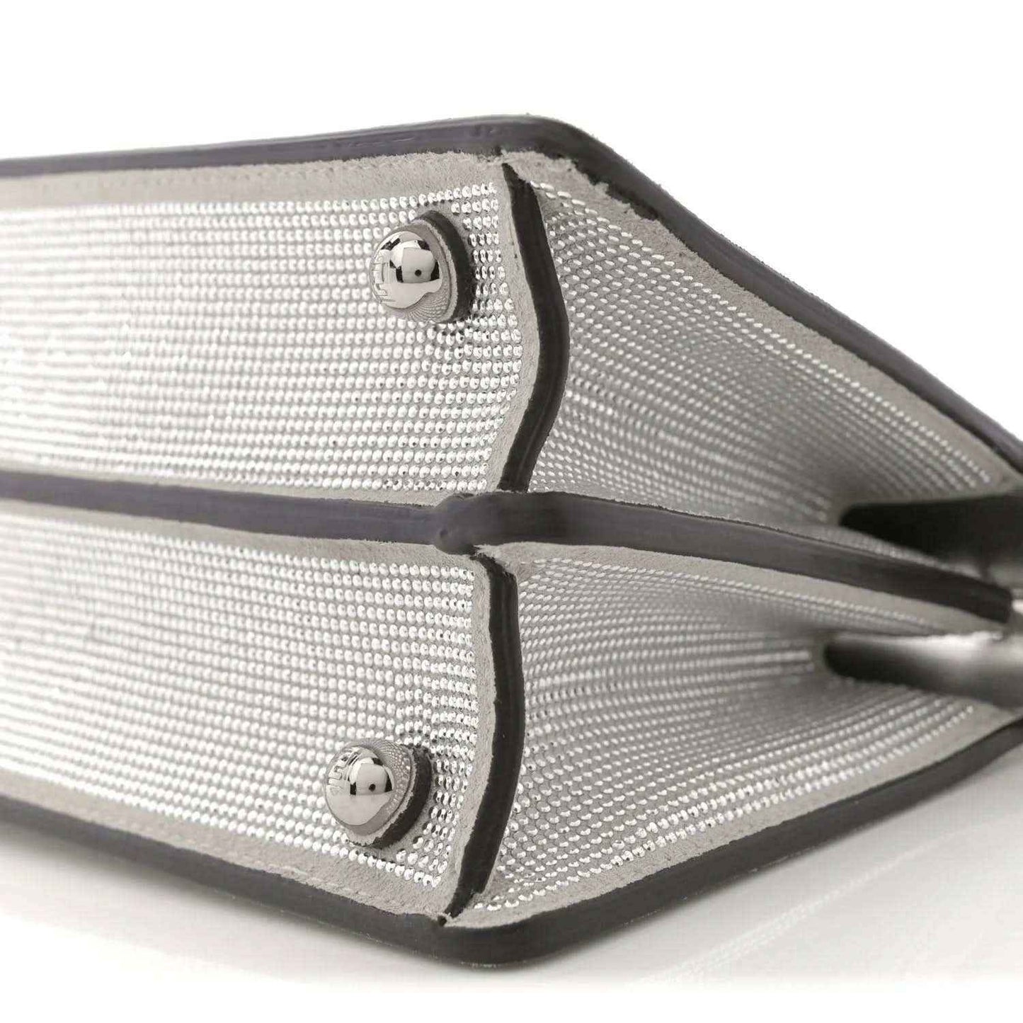 Silver crystal satchel with black edges and two snap tabs