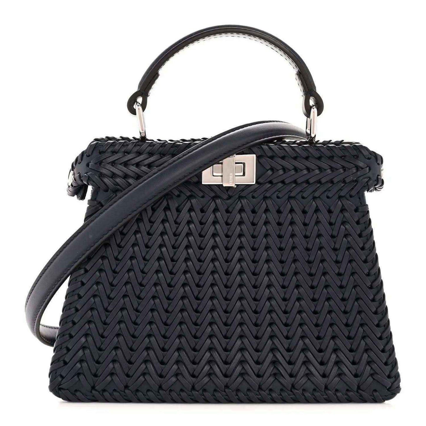 Midnight blue leather petite satchel with woven pattern, top handles and strap