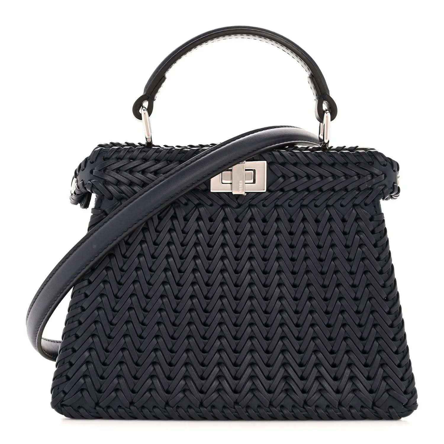 Midnight blue leather petite satchel with woven pattern, top handles and strap