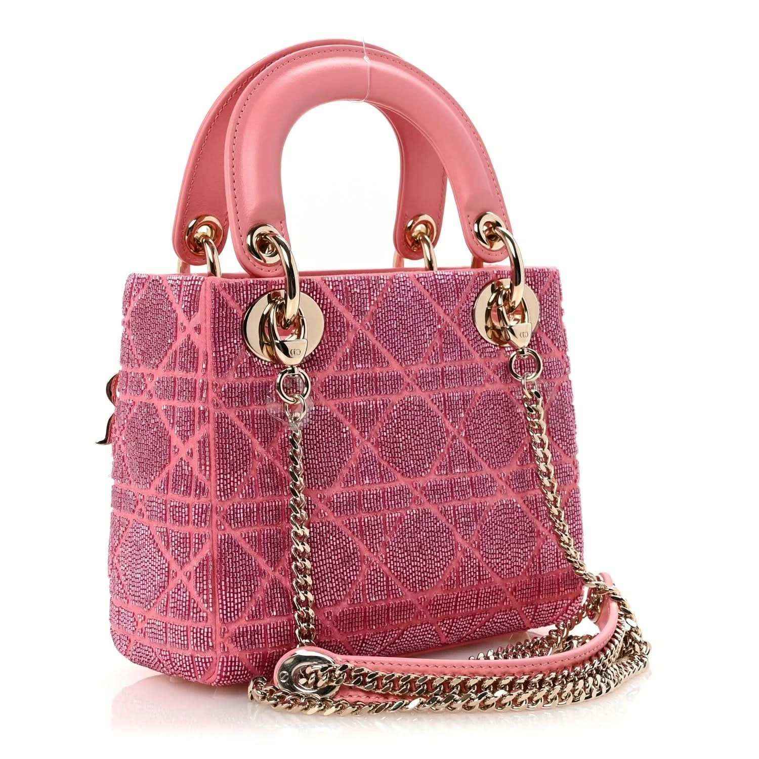 Mini Lady Dior handbag in light pink with gold chain strap and top handles