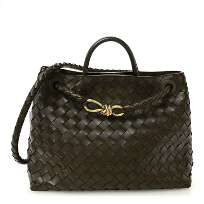 Bottega Veneta Andiamo intrecciato nappa leather shoulder bag in dark kaki with gold clasp