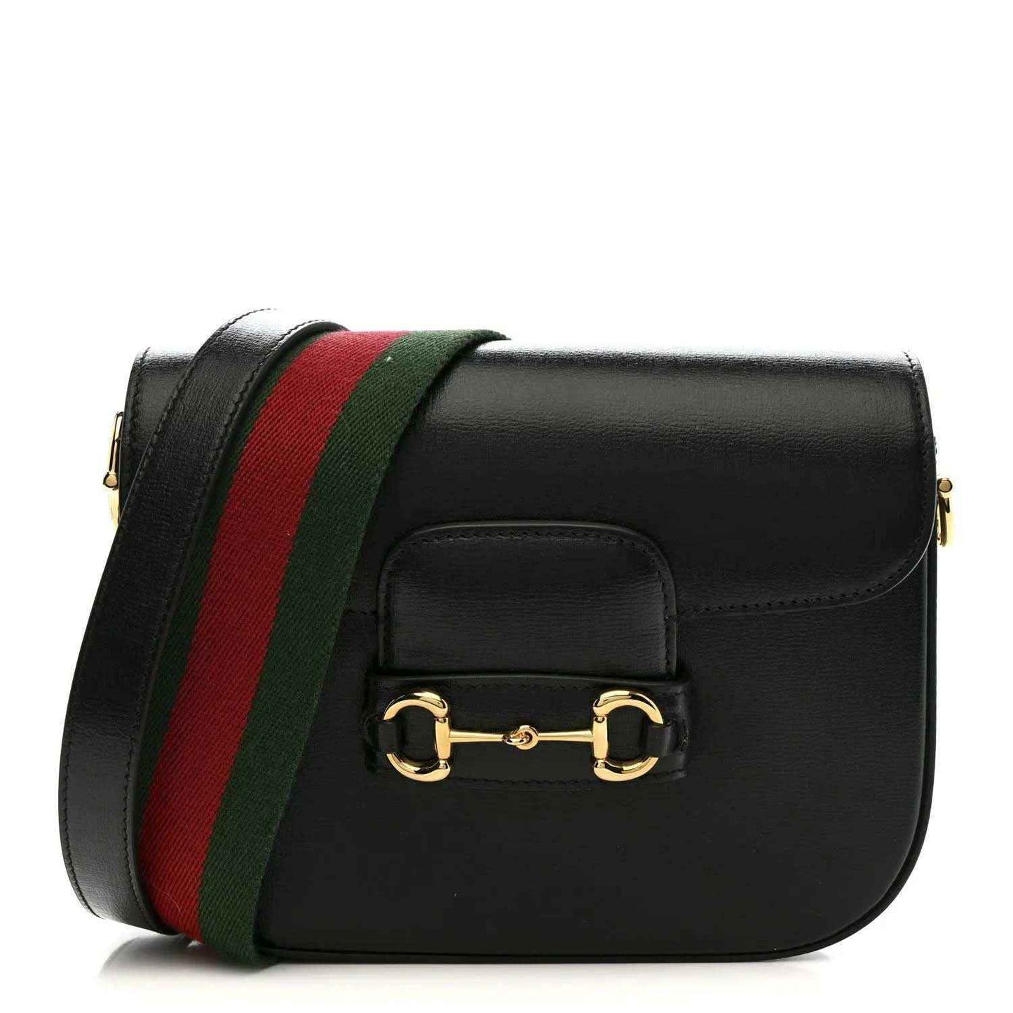 Black calfskin mini shoulder bag with red and green web stripe and gold horsebit clasp