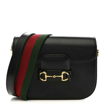 Black calfskin mini shoulder bag with red and green web stripe and gold horsebit clasp