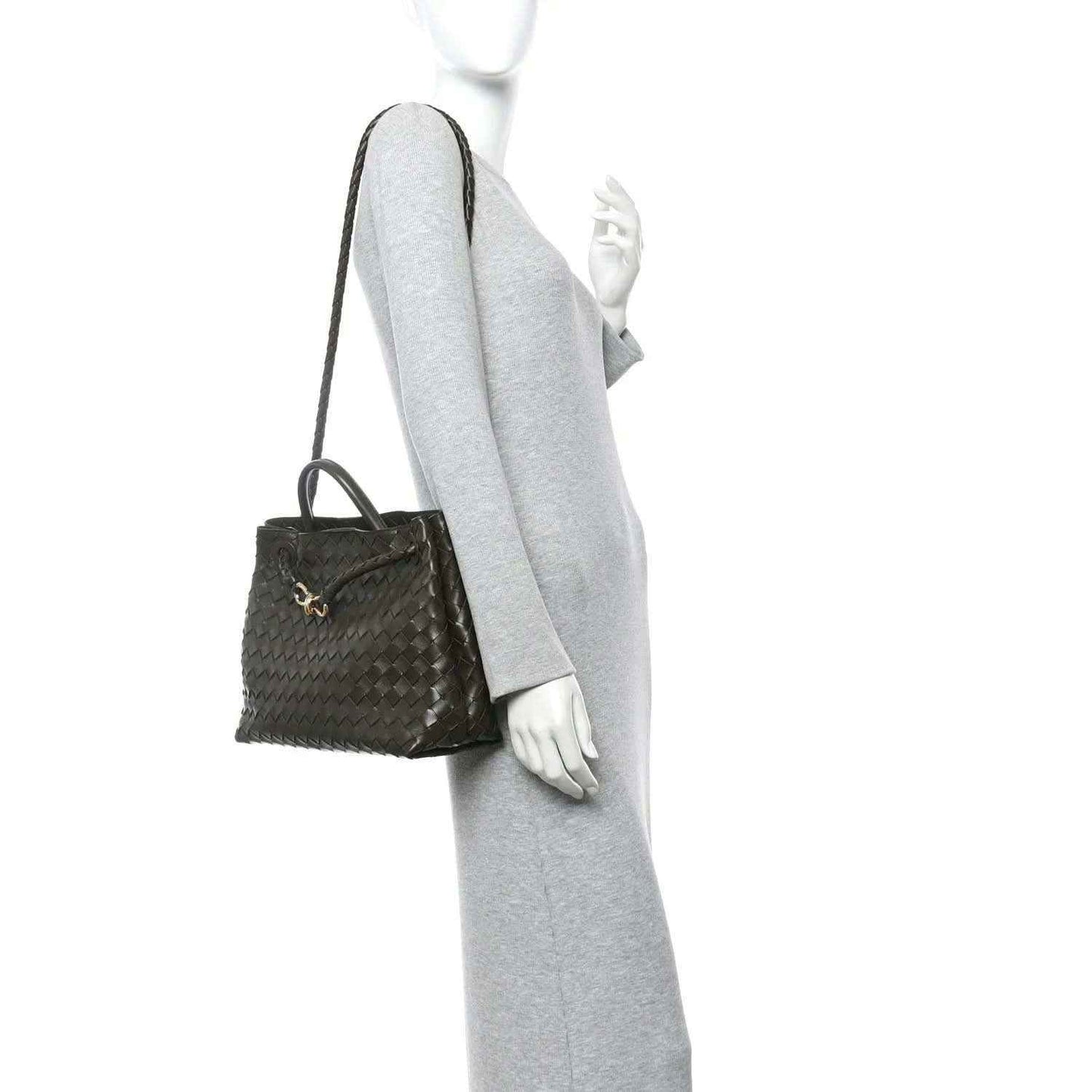 Bottega Veneta Andiamo intrecciato nappa leather mini shoulder bag, dark kaki with top handle