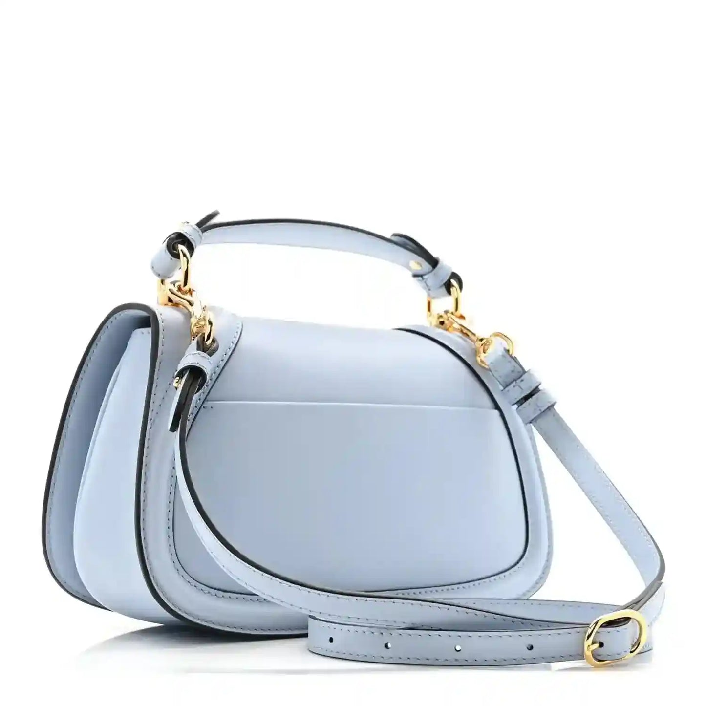 Light blue Gucci medium top-handle bag with crossbody strap and gold-tone hardware