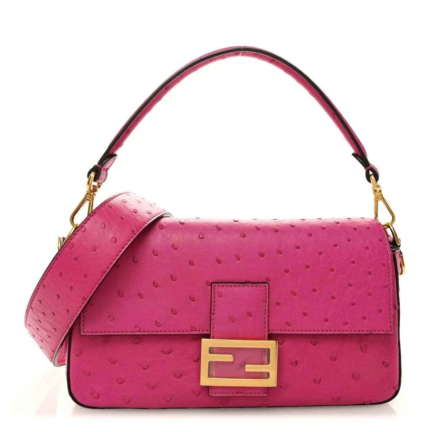Pink ostrich leather baguette handbag with gold-tone F clasp and shoulder strap