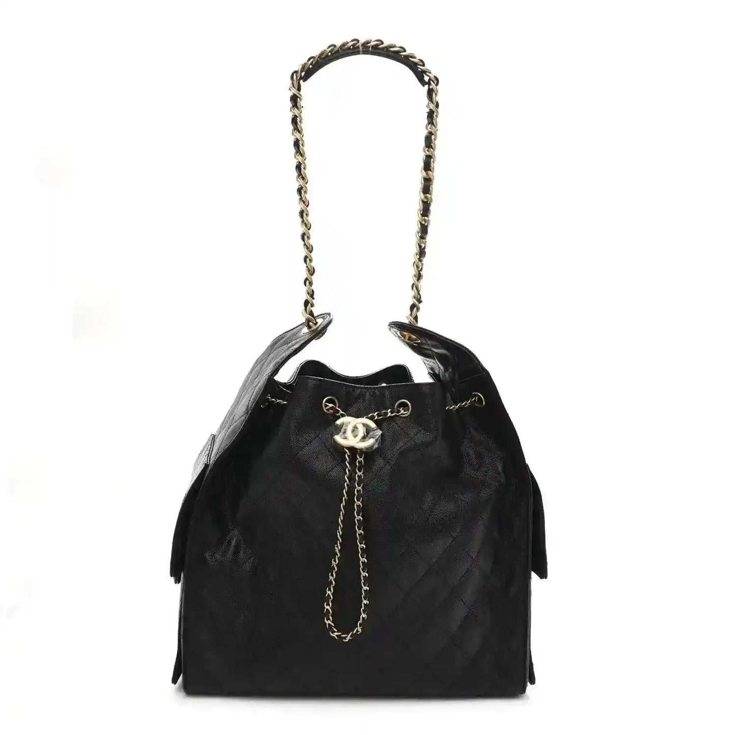 Black caviar quilted medium flap handbag with chain shoulder strap and gold logo clasp