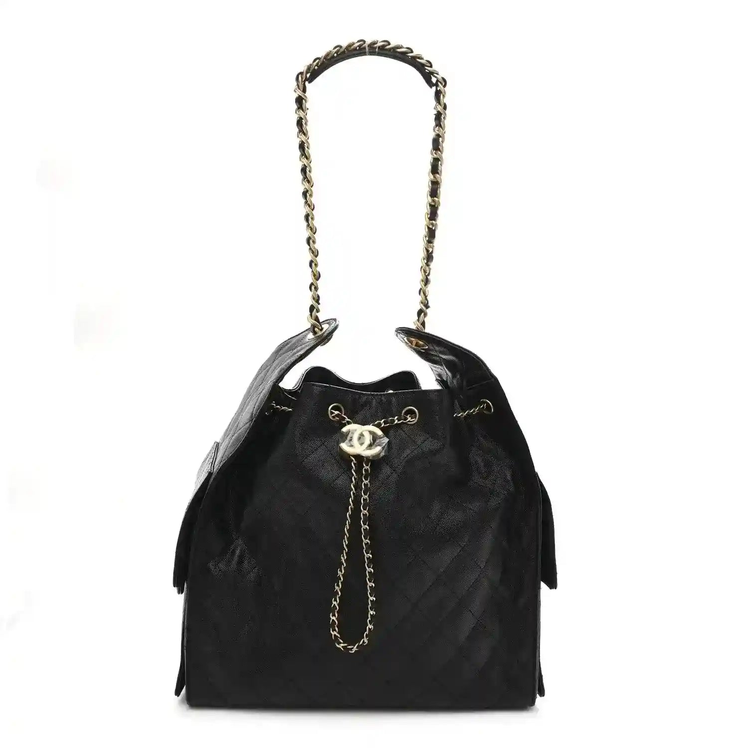 Black caviar quilted medium flap handbag with chain shoulder strap and gold logo clasp