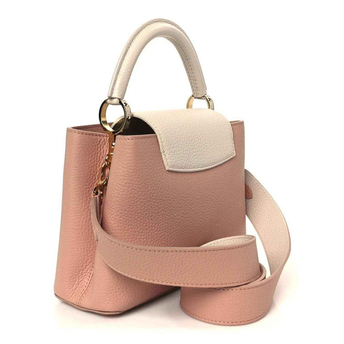 Rose mini leather handbag with cream handle, gold ring strap, and LV emblem
