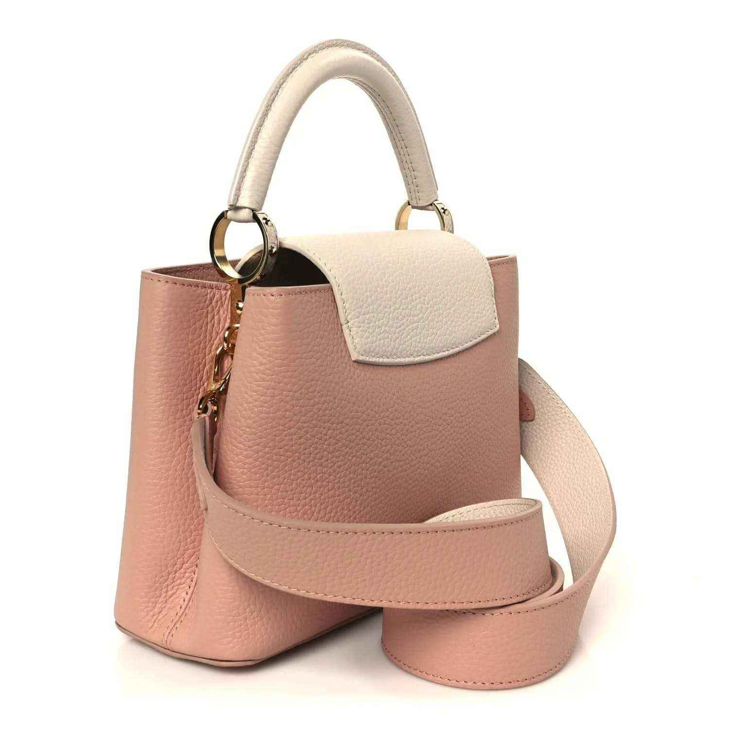 Rose mini leather handbag with cream handle, gold ring strap, and LV emblem
