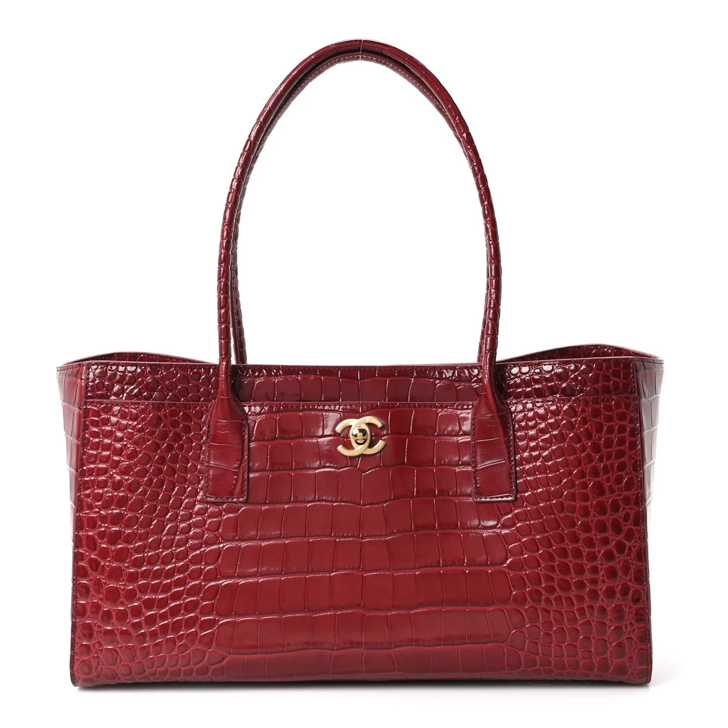 Small shopping tote bag in burgundy croc-embossed calfskin with top handles and logo clasp