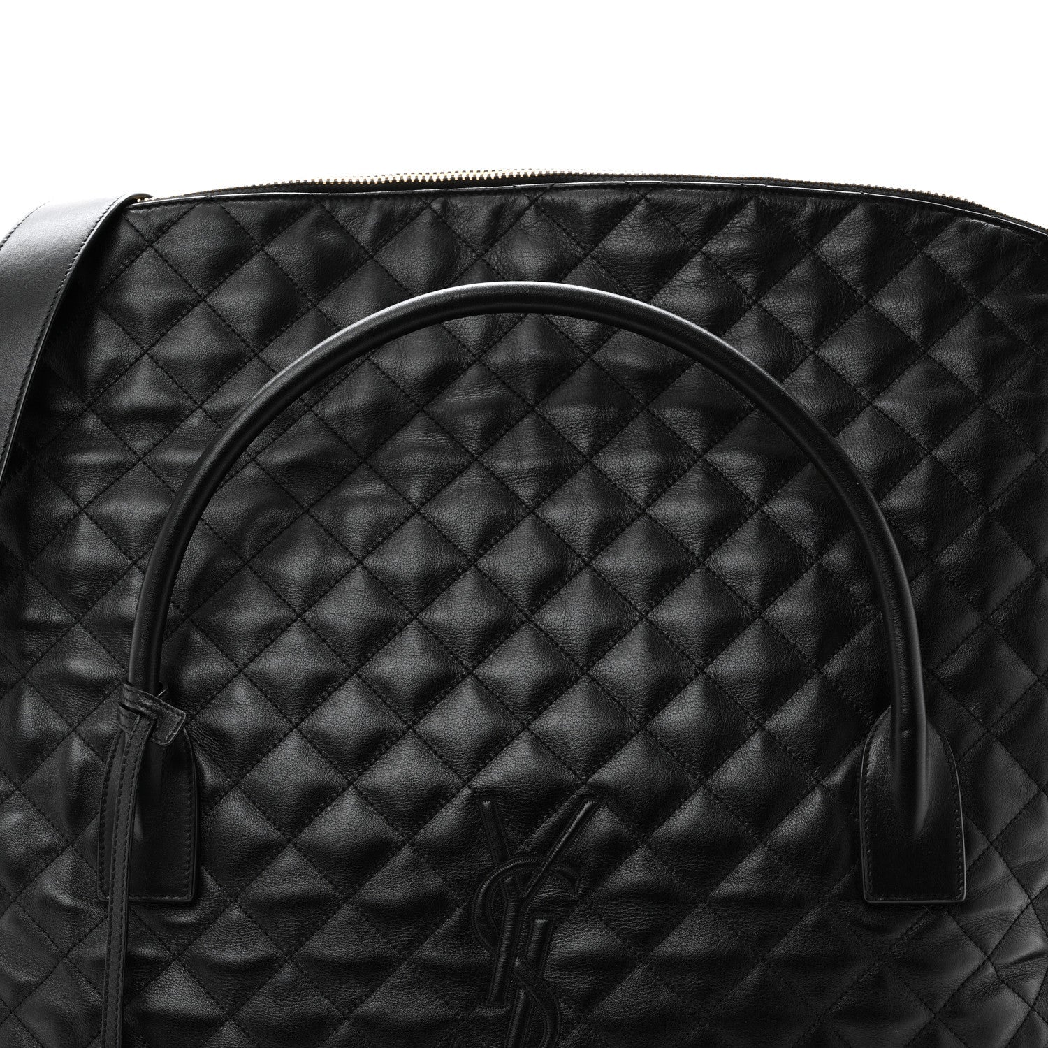 Saint Laurent ES quilted travel bag in black leather, quilted body with top handle detail.