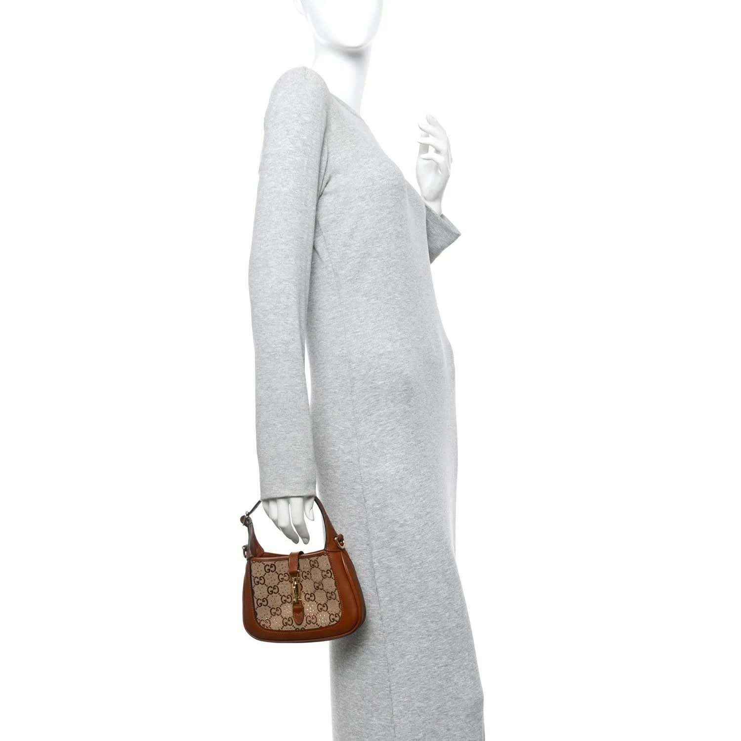 Mini hobo bag with brown leather and beige canvas GG monogram, small gold-tone hardware