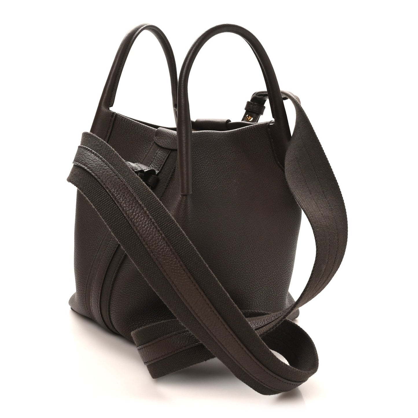 Dark brown grained calfskin small bale bag with top handles and wide shoulder strap