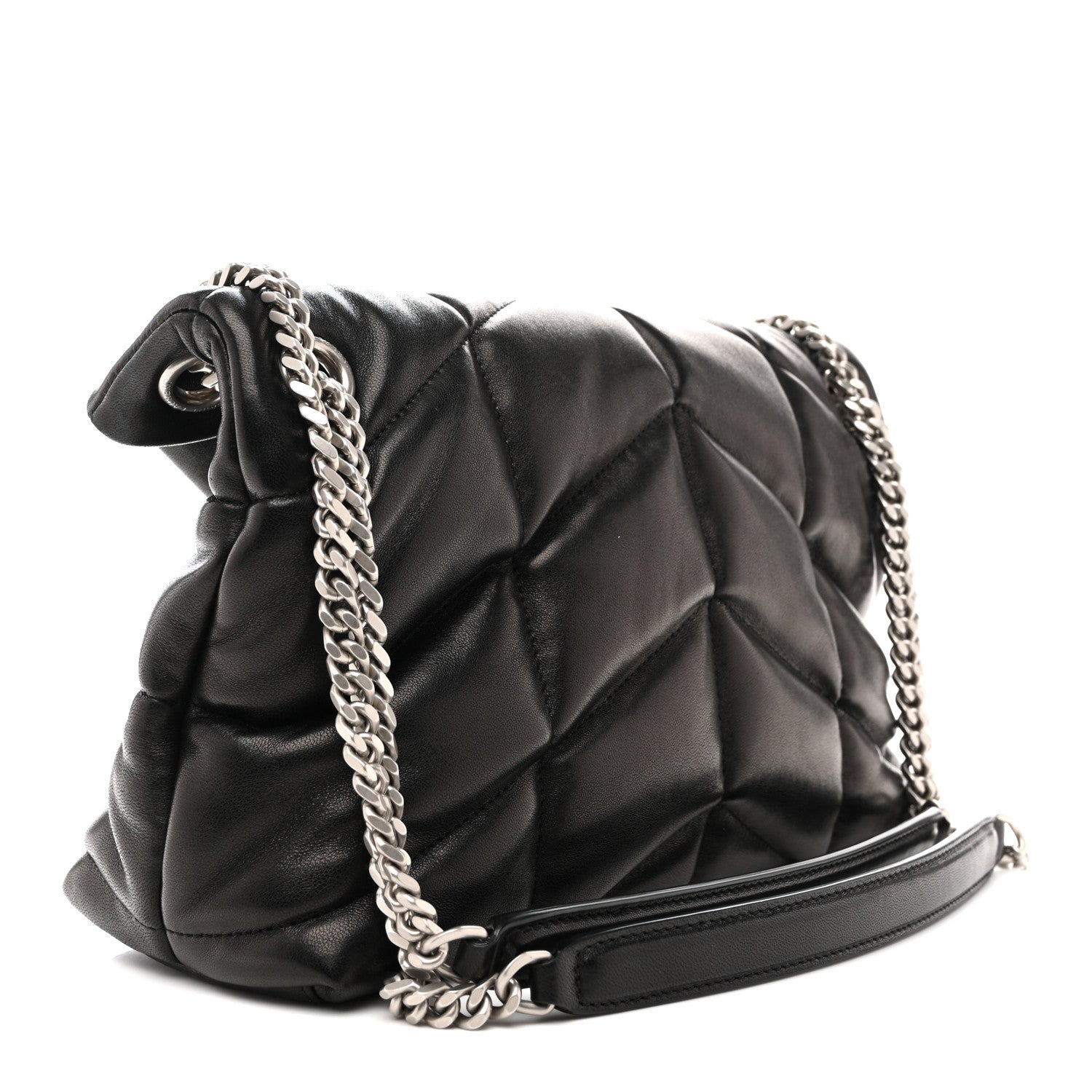 Saint Laurent puffer satchel with silver chain shoulder strap and quilted black leather