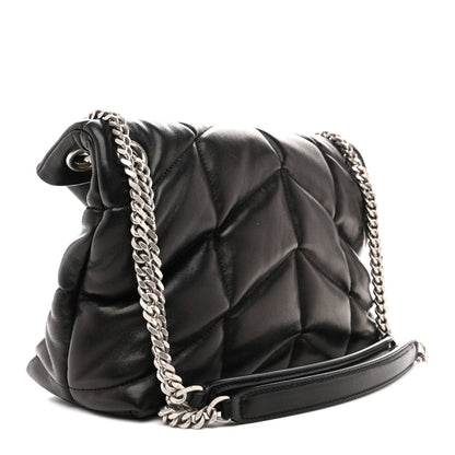 Saint Laurent puffer satchel with silver chain shoulder strap and quilted black leather