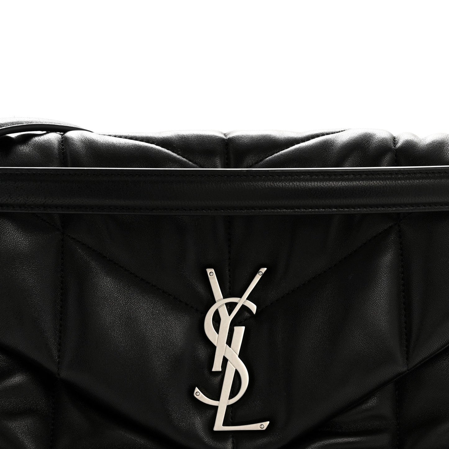 Black quilted puffer satchel front with YSL monogram emblem and top flap