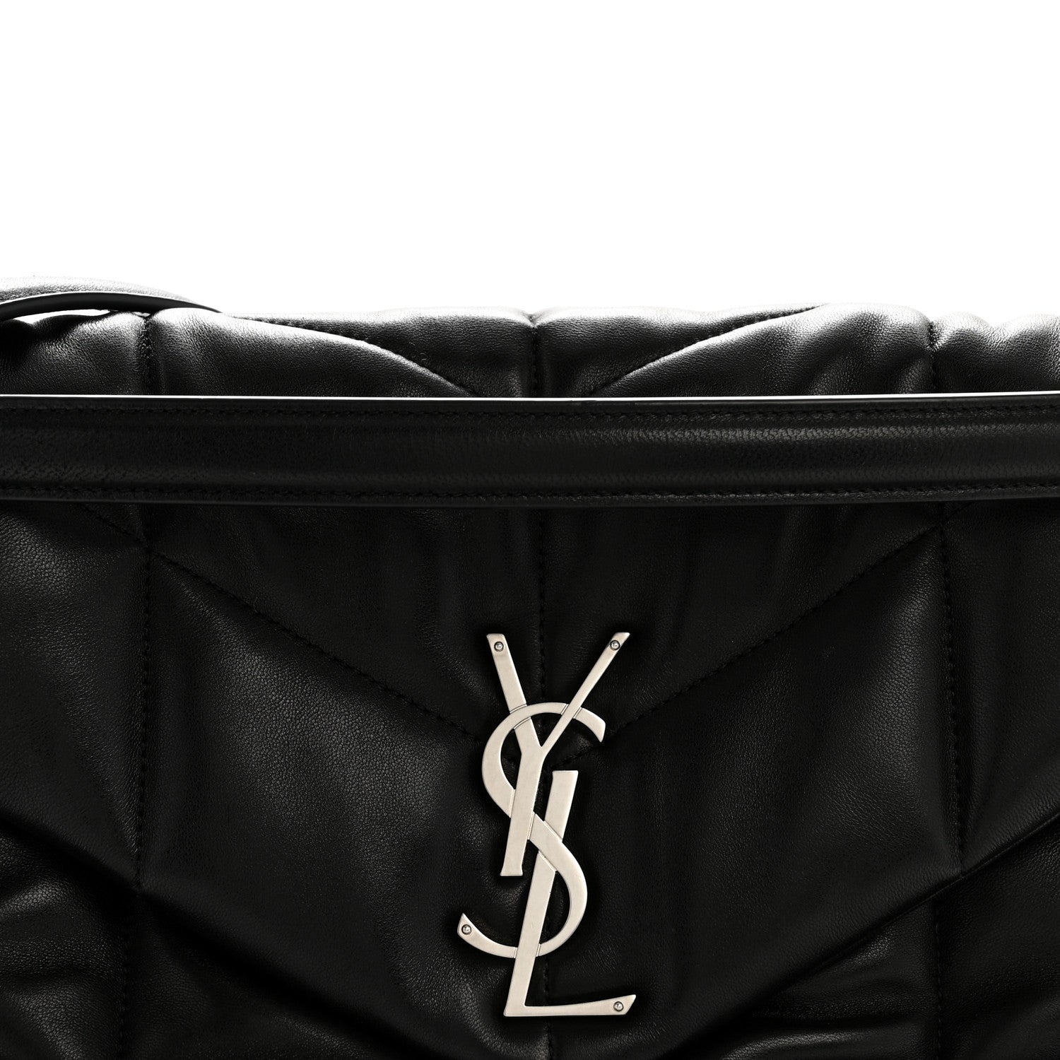 Black quilted puffer satchel front with YSL monogram emblem and top flap