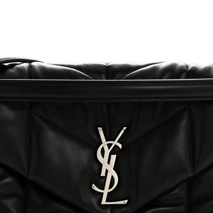 Black quilted puffer satchel front with YSL monogram emblem and top flap