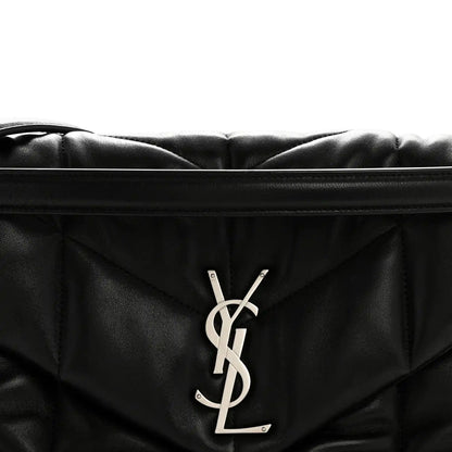 Black quilted puffer satchel front with YSL monogram emblem and top flap