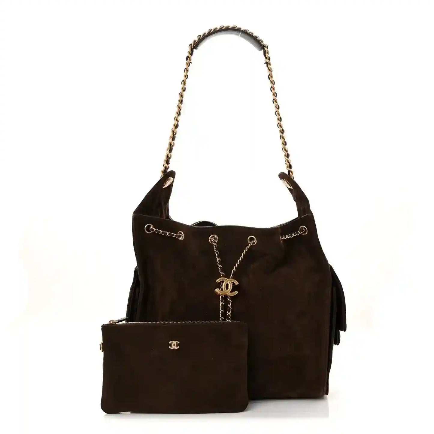 Dark brown suede quilted medium 25 handbag with chain straps and front pouch