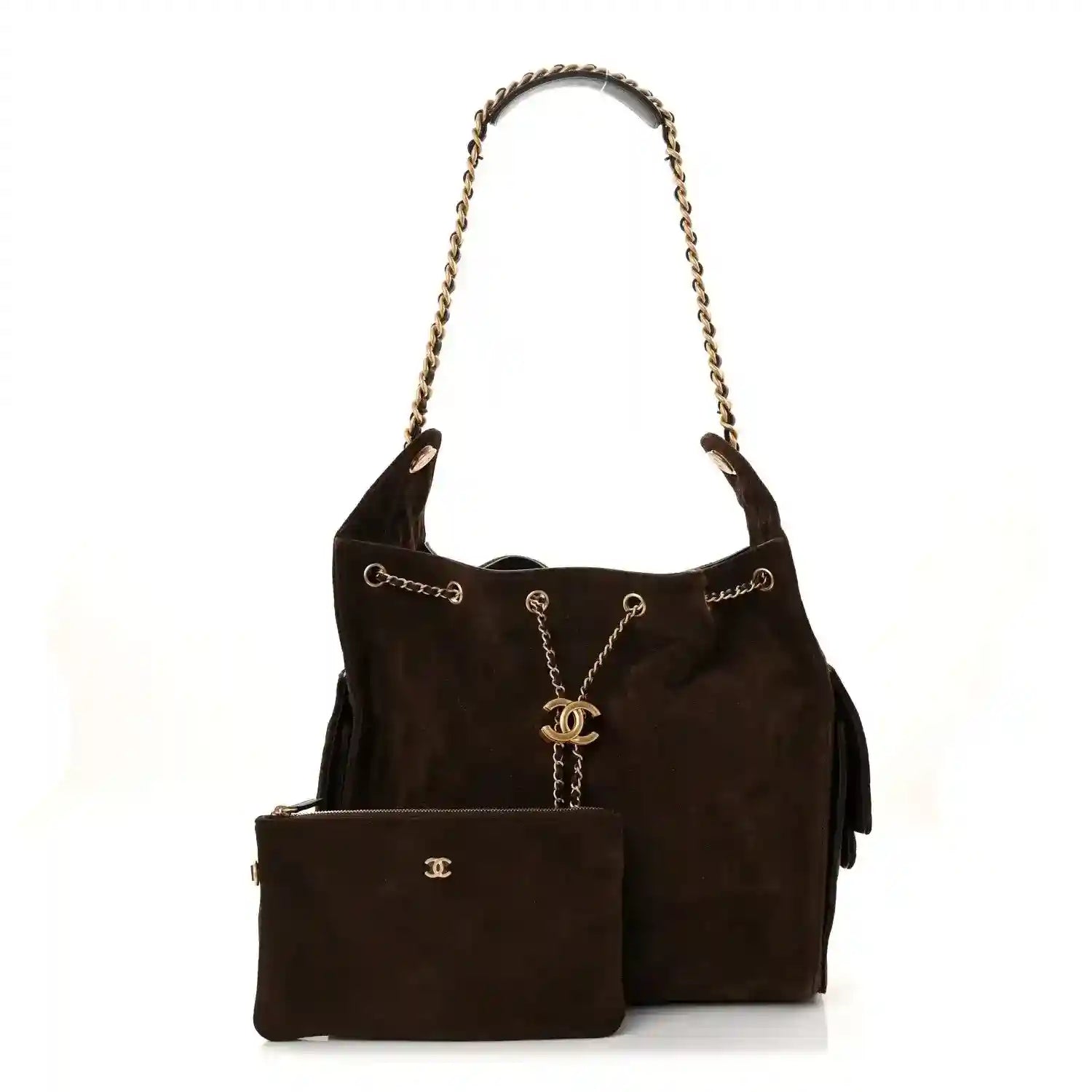 Dark brown suede quilted medium 25 handbag with chain straps and front pouch