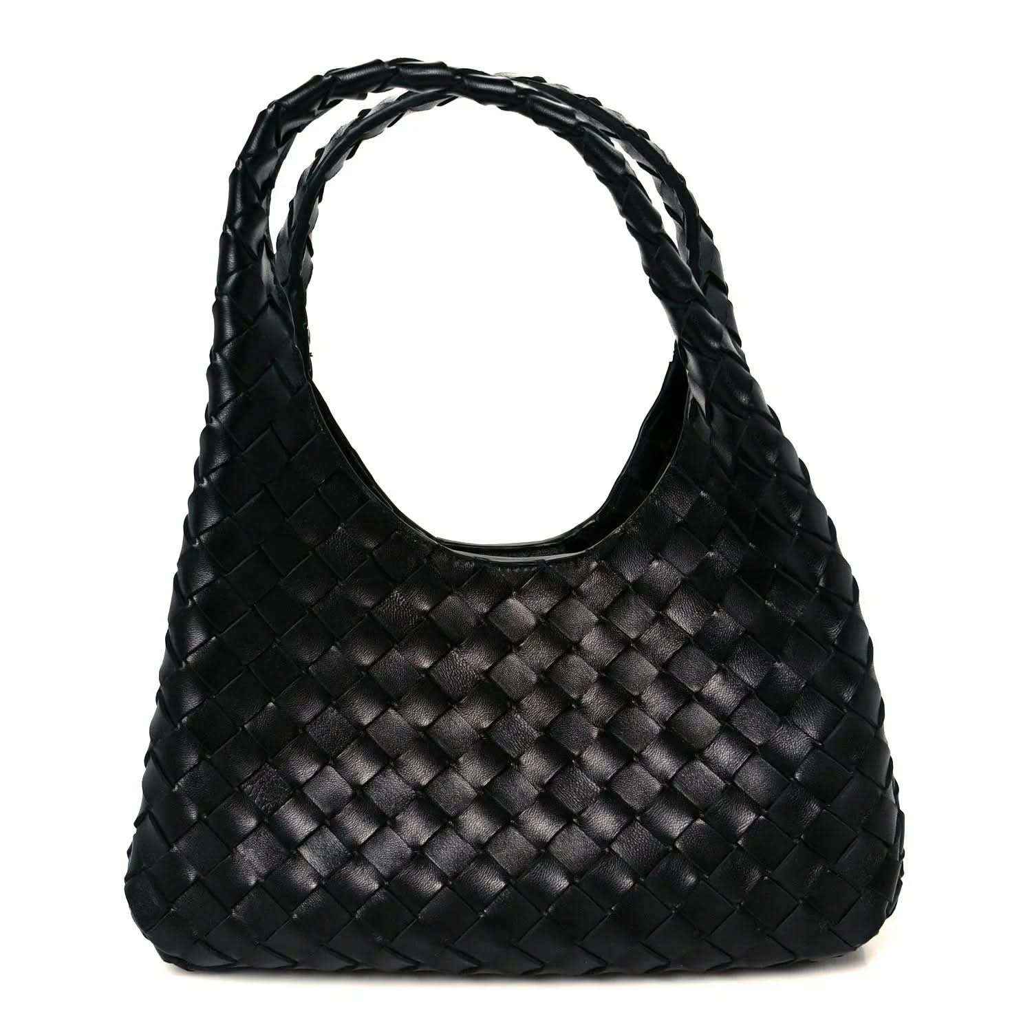 Black intrecciato leather shoulder bag with woven pattern and curved silhouette