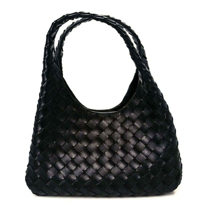 Black intrecciato leather shoulder bag with woven pattern and curved silhouette